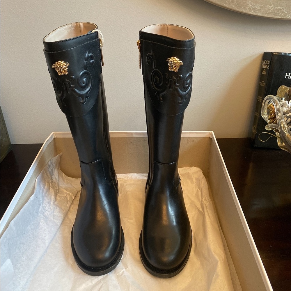 Versace Girls Leather Tall Boots Black Size 31 (13.5)